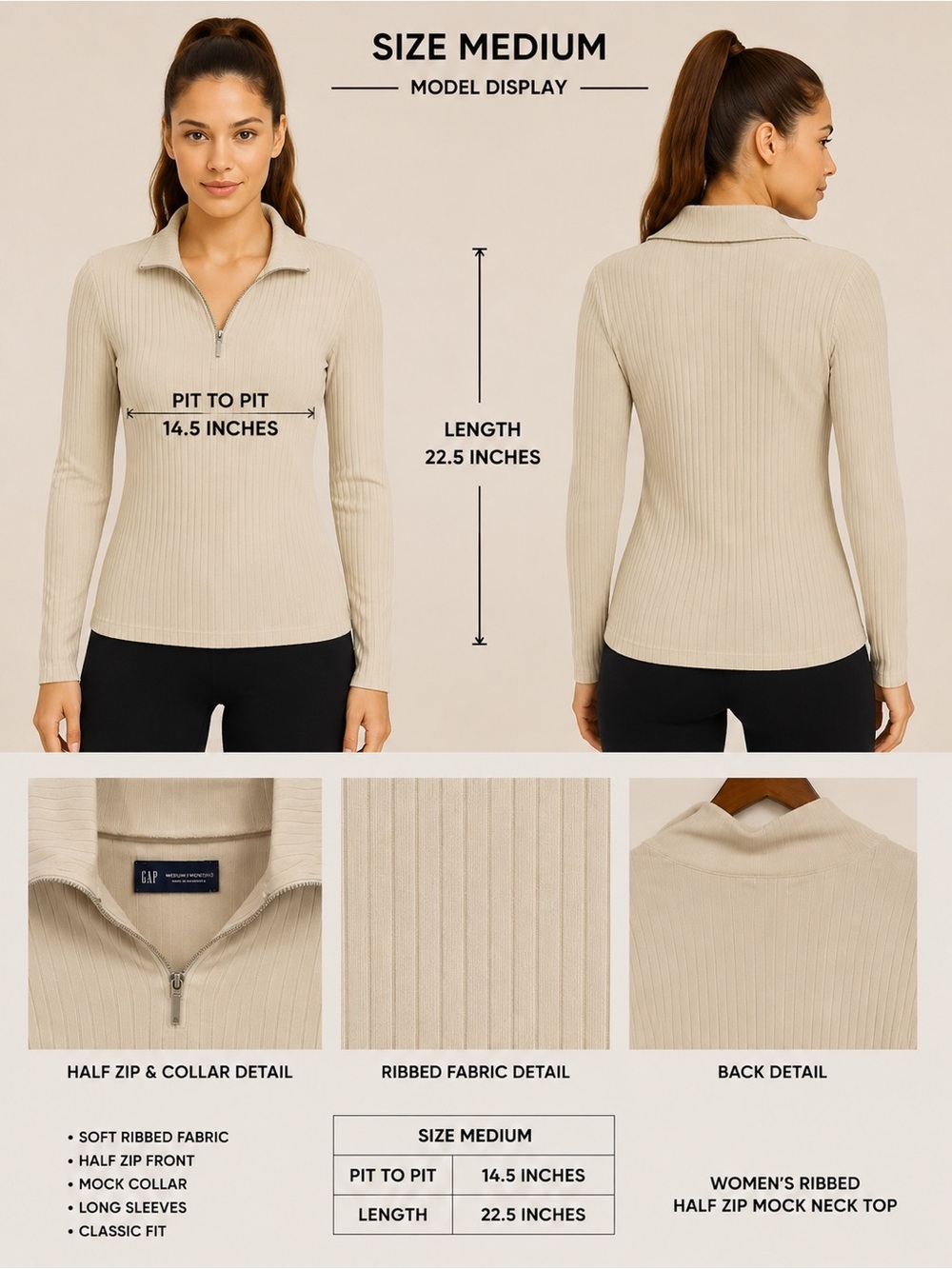 GAP Ribbed Half-Zip Mock Neck Top - Beige